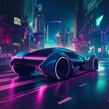 This image features a sleek and modern futuristic car speeding through a neon-lit city. The car is highlighted with bright neon lights that glow along its edges and in its wheels. The city is also illuminated with neon lights, giving it a futuristic and vibrant atmosphere. The overall effect is both dynamic and futuristic, with a strong emphasis on color and form.