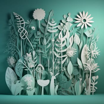 This image features a series of paper cutouts of different types of food arranged in a flowing, organic pattern against a backdrop of a green garden. The overall effect is visually striking and informative, highlighting the importance of sustainable agriculture and reducing food waste.