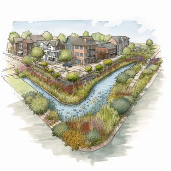 This image depicts a development project that incorporates water-friendly land use practices such as green roofs, permeable pavement, and rain gardens. It highlights the role of land use planning in water conservation. Land use planning plays a critical role in protecting water resources and promoting sustainable development. Water-friendly land use practices such as green roofs, permeable pavement, and rain gardens can help to reduce stormwater runoff and preserve water quality. By promoting water-friendly land use practices, this image encourages viewers to take action to protect water resources and promote sustainable development. This image represents the potential for land use planning to create positive change and promote environmental stewardship.