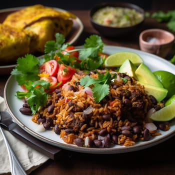 Experience the flavors of Costa Rica with this colorful Gallo Pinto dish! Made with fluffy and fragrant rice cooked with tender black beans, onions, and spices like cumin and cilantro, this dish is served with a side of fried plantains and a refreshing salad of lettuce and tomatoes. The relaxed and colorful beach scene in the background adds to the tropical atmosphere of this flavorful meal.