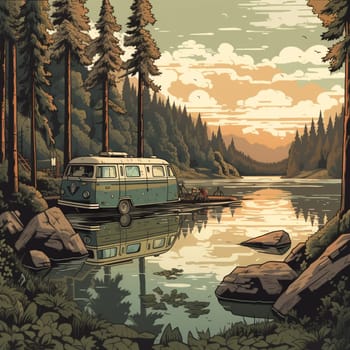 This peaceful image features a camper van parked on the edge of a tranquil forest lake, surrounded by tall trees and a rocky shoreline. The van's exterior is covered in a woodland camo pattern, blending seamlessly into the natural surroundings and providing a sense of harmony and unity with nature. On the shore of the lake, a small fishing boat is visible, suggesting a relaxing day spent fishing and enjoying the serenity of the water. The natural beauty of the area is on full display, with the lush trees and tranquil lake creating a soothing and calming atmosphere.