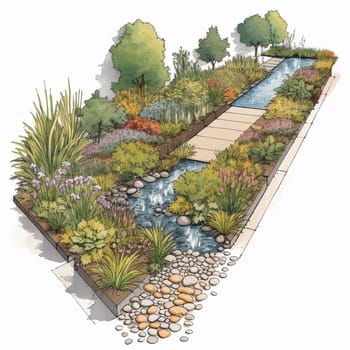 This image depicts a rain garden or bioswale designed to capture and treat stormwater runoff. It encourages the use of these green infrastructure practices to conserve water and protect water quality. Stormwater runoff is a major source of water pollution, and green infrastructure practices such as rain gardens and bioswales can help to reduce the impact of runoff on water quality. These practices use plants and soil to capture and treat stormwater, reducing the amount of runoff that enters waterways and promoting groundwater recharge. By promoting the use of rain gardens and bioswales, this image encourages viewers to take action to conserve water and protect water quality. This image represents the potential for green infrastructure to create positive change and promote environmental stewardship.