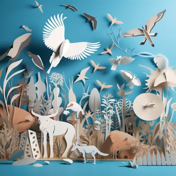 This image features a series of paper cutouts of different types of food arranged in a flowing, organic pattern against a backdrop of a green garden. The overall effect is visually striking and informative, highlighting the importance of sustainable agriculture and reducing food waste.