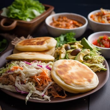 Experience the savory flavors of El Salvador with these delicious Pupusas! Made with a thick and doughy corn tortilla, filled with a savory mixture of cheese, beans, or pork, these Pupusas are served with a side of spicy sauce and a refreshing salad of lettuce and tomatoes. The lively and colorful street food scene in the background adds to the festive atmosphere of this flavorful meal.