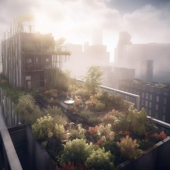 This image captures the ethereal and dreamlike quality of urban gardening, showing a rooftop garden located high above the city streets, shrouded in mist and clouds. The image conveys a sense of wonder and magic, highlighting the potential for urban gardening to create a peaceful and serene oasis above the chaos of city life.