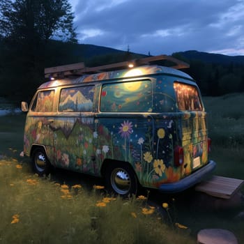 Escape to nature with this image of a camper van parked in a quiet meadow, surrounded by wildflowers and a babbling brook. The van's exterior is decorated with a colorful mural, creating a vibrant and cheerful atmosphere, and a set of fairy lights are strung up outside the van, offering a magical touch to the surroundings. A small wood-fired hot tub is visible in the corner of the meadow, providing a relaxing spot to soak under the stars, enjoying the beauty of the night sky and the peace of the nature. This is the perfect location for a romantic getaway and a tranquil retreat.