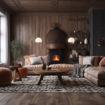 Get comfortable and unwind in this cozy rustic living room with an empty light and dark interior background. The white geometrically textured 3D walls and smooth light floor provide a sense of warmth and comfort, enhanced by the soft glow of warm lighting throughout the room. A fireplace with crackling logs is surrounded by comfortable seating and a soft rug on the floor, inviting you to sit back, relax, and enjoy the cozy ambiance.