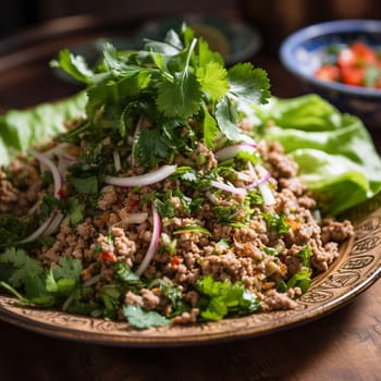 This close-up shot captures the zesty and refreshing flavors of Lao Larb, a salad made with a mixture of minced meat (usually chicken or pork), fresh herbs such as mint and cilantro, and spicy chilies, all tossed together with a tangy dressing made from lime juice and fish sauce. In this image, the Larb is served with a side of sticky rice and sometimes raw vegetables. The lively and colorful outdoor scene in the background adds to the festive atmosphere, with people enjoying the food and the lively atmosphere. The bright, natural lighting and use of a reflector highlight the texture and colors of the food, creating a lively and refreshing mood.