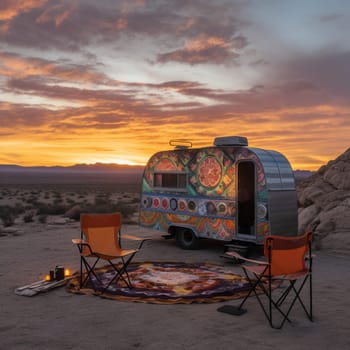 This breathtaking image features a vintage camper trailer parked on the edge of a rocky desert landscape, with a stunning sunrise visible in the background. The trailer's exterior is painted with a colorful southwestern pattern, giving it a unique and charming appearance. Outside the trailer, a small campfire is visible, providing a cozy spot to relax and enjoy the beauty of the surrounding area. A set of camping chairs and a small table are set up outside the trailer, offering a comfortable spot to watch the sunrise and start the day off right.