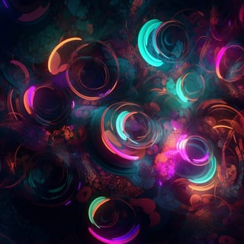 This abstract wallpaper features a series of swirling, circular patterns, all rendered in neon colors. The circles overlap and blend together, creating a sense of movement and energy.