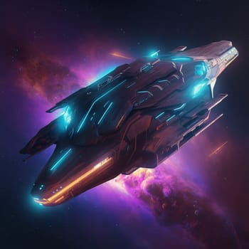 Take a journey into the unknown with this image of a futuristic spacecraft traveling through a neon-lit nebula. Against the dark, starry sky, the spacecraft's sleek design is highlighted by bright neon lights that glow along its edges and in its engines, creating a mesmerizing and unforgettable sight.