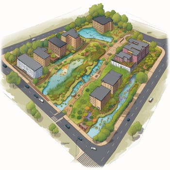 This image depicts a development project that incorporates water-friendly land use practices such as green roofs, permeable pavement, and rain gardens. It highlights the role of land use planning in water conservation. Land use planning plays a critical role in protecting water resources and promoting sustainable development. Water-friendly land use practices such as green roofs, permeable pavement, and rain gardens can help to reduce stormwater runoff and preserve water quality. By promoting water-friendly land use practices, this image encourages viewers to take action to protect water resources and promote sustainable development. This image represents the potential for land use planning to create positive change and promote environmental stewardship.