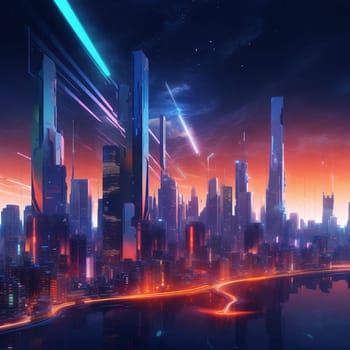 This image depicts a futuristic city skyline, with tall buildings and sleek, modern architecture. The skyline is set against a dark, starry sky, with neon lights glowing along the edges of the buildings.