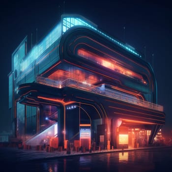 This image depicts a futuristic train station at night, with sleek, modern architecture and neon lights glowing along the edges of the building. The station is set against a dark, starry sky, creating a sense of movement and energy. The overall effect is both dynamic and sophisticated, with a strong emphasis on design and technology.