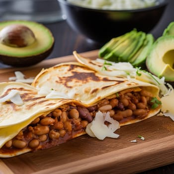 This close-up shot captures the filling and flavorful taste of Honduran Baleadas, a thick tortilla filled with refried beans, melted cheese, and sometimes avocado or meat. In this image, the Baleadas are served with a side of salsa and a simple salad of lettuce and tomatoes. The relaxed and colorful outdoor scene in the background adds to the inviting atmosphere, with people enjoying the food and the tropical surroundings. The bright, natural lighting and use of a reflector enhance the texture and colors of the food, creating a relaxed and inviting mood.