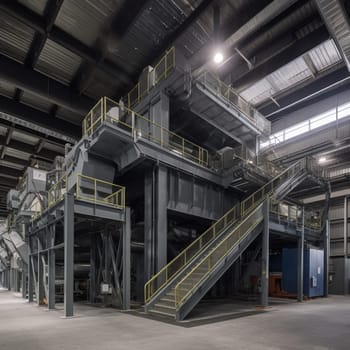 Witness the innovation of waste-to-energy technology with this image showcasing a large-scale facility designed to process industrial waste. The unique and striking design of the facility highlights the beauty of sustainable construction while promoting waste reduction and renewable energy production. The camera angle and lighting emphasize the details of the machinery and equipment, showcasing the technological sophistication required to operate and maintain the facility. The lighting is bright and evenly distributed, emphasizing the details of the technology and infrastructure.