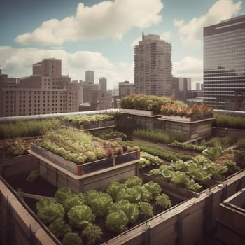 This image captures the creativity and innovation of urban farming practices, showing a rooftop farm growing not just traditional crops, but also unconventional ones like mushrooms or edible flowers. The farm is a testament to the power of imagination and resourcefulness in finding new ways to grow plants in urban environments, and the image conveys the sense of excitement and wonder that comes from discovering unique and unexpected crops in unexpected places.