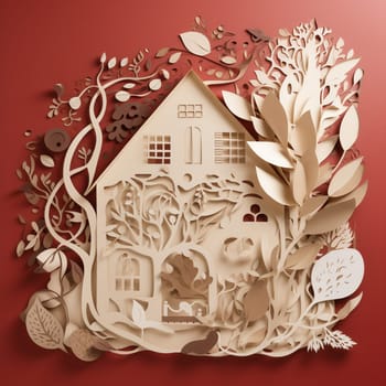 This image features a paper cutout of a house rendered in shades of brown and red, surrounded by a variety of other environmental cutouts arranged in a flowing, organic pattern. The overall effect is visually striking and informative, emphasizing the importance of sustainable housing and reducing our carbon footprint.