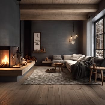 Get comfortable and unwind in this cozy rustic living room with an empty light and dark interior background. The white geometrically textured 3D walls and smooth light floor provide a sense of warmth and comfort, enhanced by the soft glow of warm lighting throughout the room. A fireplace with crackling logs is surrounded by comfortable seating and a soft rug on the floor, inviting you to sit back, relax, and enjoy the cozy ambiance.