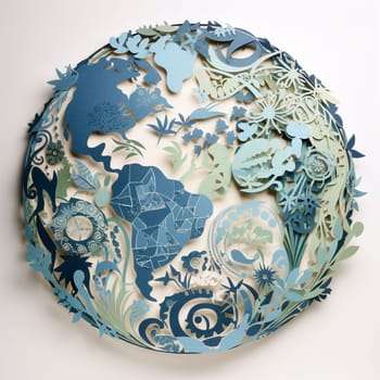 This image features a paper cutout of a globe rendered in shades of blue and green, surrounded by a variety of other environmental cutouts arranged in a flowing, organic pattern. The overall effect is visually striking and informative, highlighting the importance of protecting our planet and its resources.