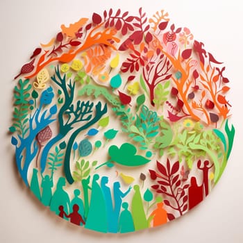 This image features a series of paper cutouts of people rendered in a variety of bright colors, arranged in a flowing, organic pattern. The cutouts depict people working together to protect the environment, emphasizing the importance of collective action in preserving our planet. The overall effect is visually striking and informative.