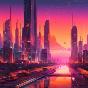 This image depicts a futuristic city at dawn, with tall buildings and sleek, modern architecture. The city is set against a glowing, pink-orange sky, with neon lights glowing along the edges of the buildings, creating a dynamic and futuristic atmosphere.