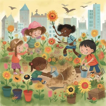 This image captures the joy and wonder of children tending to a garden in the heart of the city. The garden is filled with bright colors and playful touches, such as whimsical scarecrows and colorful pinwheels. The image conveys the sense of discovery and exploration that comes from getting one's hands dirty and watching something grow from a tiny seed. It also showcases the importance of instilling a love of nature and gardening in children, even in the heart of the city.