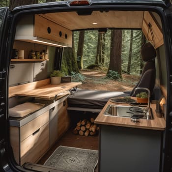 Embark on your next adventure with this image of a converted sprinter van parked on a quiet forest road, with a hiking trail visible in the distance. The van's sleek and functional interior is designed to provide all the essentials for a comfortable journey, with a compact kitchen and a comfortable bed. A pair of hiking boots are visible on the floor of the van, suggesting a day spent exploring the surrounding wilderness, and taking the trail that leads to the stunning views. The perfect location for nature enthusiasts and adventure seekers, who enjoy the comfort of a well-equipped van and the beauty of the outdoors.