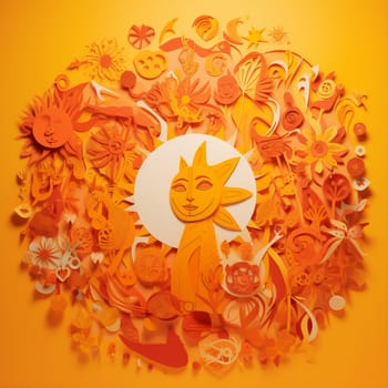 This image features a paper cutout of the sun rendered in shades of yellow and orange, surrounded by a variety of other celestial cutouts arranged in a flowing, organic pattern. The overall effect is visually striking and informative, highlighting the importance of solar energy and reducing our reliance on fossil fuels.
