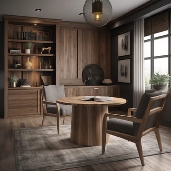 This versatility of wood showcase image highlights the use of wood in different types of furniture such as chairs, tables, and cabinets. The proper lighting and composition techniques create a visually engaging scene that showcases the versatility of wood and its ability to be crafted into many different forms and styles of furniture.