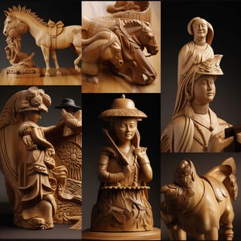 This wood carving in decorative objects showcase image highlights the importance of wood carving in creating decorative objects by showcasing different types of carved wooden figurines, ornaments, and statues. The proper lighting and composition techniques emphasize the unique shapes and textures of each piece, showcasing the creativity and skill involved in carving wood into beautiful works of art.