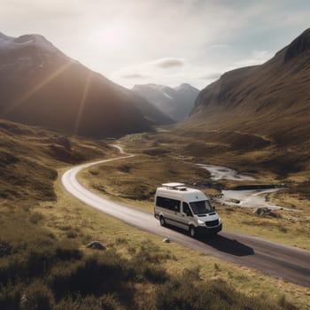 This stunning image features a sleek and modern camper van parked on a quiet country road, with a stunning mountain view visible in the background. The van's exterior is stylish and minimalistic, suggesting a focus on functionality and efficiency. Inside the van, the atmosphere is bright and airy, with a comfortable bed and a small kitchen providing all the essentials for a cozy and convenient road trip. Outside the van, a small drone is visible on a small table, suggesting a day spent capturing aerial footage of the surrounding landscape and exploring the beauty of the area.