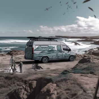 Escape to the seaside with this image of a camper van parked on the edge of a rocky beach, with a dramatic coastline and a lighthouse visible in the distance. The van's exterior is covered in salt spray, a testament to the ocean's power and the adventurous spirit of the travelers. A small surfboard is visible on the roof, inviting you to catch a wave or two. A pair of binoculars are visible on a small table outside the van, offering a spot to watch passing ships and whales, and enjoying the beauty of the ocean from a distance. This is the perfect location for surfers, nature lovers, and anyone seeking adventure and relaxation by the sea.