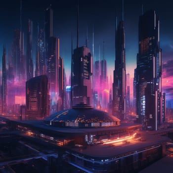 This image depicts a futuristic city skyline, with tall buildings and sleek, modern architecture. The skyline is set against a dark, starry sky, with neon lights glowing along the edges of the buildings.