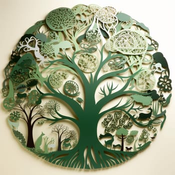This image features a paper cutout of a tree rendered in shades of green and brown, surrounded by a variety of other environmental cutouts arranged in a flowing, organic pattern. The overall effect is visually striking and informative, emphasizing the importance of protecting our planet's forests and natural resources.