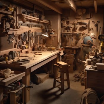 This woodworking workshop scene image captures the chaos and creativity of a busy woodworking workshop by showcasing the different tools, materials, and projects in progress. The proper lighting and composition techniques create a visually engaging scene that highlights the dynamic environment of a woodworking workshop.