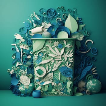 This image features a paper cutout of a recycling bin rendered in shades of green and blue, surrounded by a variety of other environmental cutouts arranged in a flowing, organic pattern. The overall effect is visually striking and informative, highlighting the importance of recycling and reducing waste.