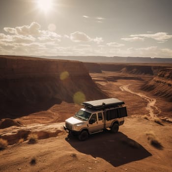 Get ready to explore the great outdoors with this image of a rugged 4x4 camper van parked on the edge of a remote canyon, with a stunning desert landscape visible in the background. The van's exterior is covered in dust and dirt, a testament to the adventures that lie ahead. The solar panels on the roof provide power to the van's amenities, making it a self-sufficient basecamp for your next desert adventure. A small trail leads from the van down into the canyon, inviting you to explore the rugged terrain and discover hidden gems. This is the perfect location for anyone seeking a true desert experience.