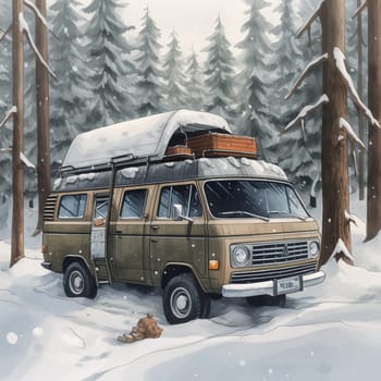 Experience the magic of winter camping with this image of a rugged camper van parked in the middle of a snow-covered forest, surrounded by towering pine trees. The van's exterior is covered in snow, and smoke is visible rising from the chimney of the wood stove inside, creating a warm and cozy atmosphere. A pair of snowshoes are leaning against the van, suggesting a winter hike through the forest, discovering the hidden beauty of the winter wonderland. This is the perfect location for a winter adventure and a peaceful escape.