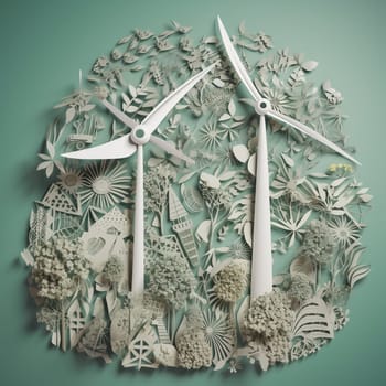 This image features a paper cutout of a wind turbine rendered in shades of green and gray, surrounded by a variety of other renewable energy cutouts arranged in a flowing, organic pattern. The overall effect is visually striking and informative, emphasizing the importance of reducing our reliance on fossil fuels and promoting sustainable energy practices.