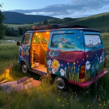 Escape to nature with this image of a camper van parked in a quiet meadow, surrounded by wildflowers and a babbling brook. The van's exterior is decorated with a colorful mural, creating a vibrant and cheerful atmosphere, and a set of fairy lights are strung up outside the van, offering a magical touch to the surroundings. A small wood-fired hot tub is visible in the corner of the meadow, providing a relaxing spot to soak under the stars, enjoying the beauty of the night sky and the peace of the nature. This is the perfect location for a romantic getaway and a tranquil retreat.