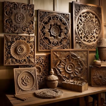 This intricate wooden sculptures showcase image highlights the importance of wood carving in creating beautiful and detailed sculptures, such as animals, birds, and human figures. The proper lighting and composition techniques emphasize the unique shape and texture of each sculpture, showcasing the precision and skill involved in the wood carving process.