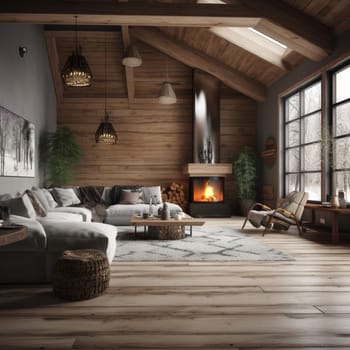 Get comfortable and unwind in this cozy rustic living room with an empty light and dark interior background. The white geometrically textured 3D walls and smooth light floor provide a sense of warmth and comfort, enhanced by the soft glow of warm lighting throughout the room. A fireplace with crackling logs is surrounded by comfortable seating and a soft rug on the floor, inviting you to sit back, relax, and enjoy the cozy ambiance.
