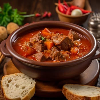 Capture the essence of comfort food with this close-up shot of Hungarian Goulash, a hearty meat and vegetable stew. The dish features tender pieces of beef or pork, slow-cooked in a spicy paprika-infused broth with potatoes, onions, and bell peppers. Served with a side of fresh bread for dipping, this dish is perfect for a cozy night in. The warm, diffused lighting and soft colors of the kitchen scene enhance the comforting atmosphere.