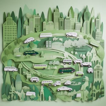 This image features a series of paper cutouts of different modes of sustainable transportation rendered in bright colors, arranged in a flowing, organic pattern against a backdrop of a green cityscape. The overall effect is visually striking and informative, highlighting the importance of reducing our reliance on fossil fuels and promoting sustainable transportation.
