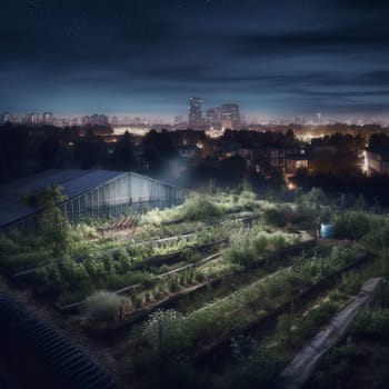 This image captures the connection between urban farming and sustainability, and the potential for urban living to reduce our impact on the environment. It shows an urban farm located in a remote, sparsely populated area, with a clear view of the night sky. The image conveys a sense of wonder and awe at the natural world, highlighting the importance of preserving our environment and living sustainably.