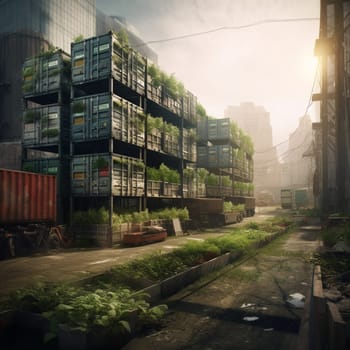 This image captures the resourcefulness and creativity of urban farming practices, showing a garden growing in an unusual space, like an abandoned parking lot or an old shipping container. The garden is a testament to the power of repurposing and finding new uses for old spaces, and the image conveys the sense of innovation and possibility that comes from growing plants in unconventional environments.