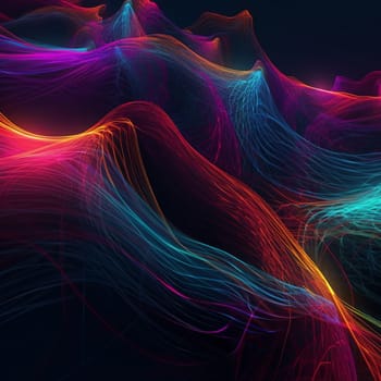 This abstract wallpaper features a series of soft, flowing lines, all rendered in neon colors. The lines overlap and blend together, creating a sense of depth and movement.