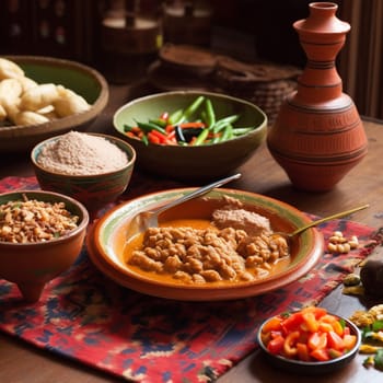 Indulge in the rich and flavorful Mali's Tigadegena, a peanut sauce with tender meat. This authentic dining experience features a tight shot of the Tigadegena as the main focus, with traditional Malian utensils and colorful vegetables in the background. The image is captured from a 45-degree angle, highlighting the creaminess and nuttiness of the Tigadegena, as well as the flavors and colors of the accompanying meat and vegetables. Use a DSLR camera with a 50mm prime lens to achieve a shallow depth of field and set the ISO to 800 to capture enough light in low-light conditions. The lighting should be soft and natural, with a warm glow coming from one side of the image, creating a cozy atmosphere and highlighting the colors and textures of the ingredients. Mention the use of traditional Malian ingredients, such as okra, tomatoes, and onions, to add more visual interest and showcase the unique flavors of the dish.