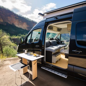 Experience the modern comforts of camping with this image of a sleek and modern camper van parked on a scenic overlook, with a winding road visible in the background. The van's large windows provide stunning views of the surrounding landscape, and a retractable awning provides shade on sunny days. A small fold-out table is set up outside the van, creating a perfect spot for a picnic lunch. This is the perfect location for a road trip and a comfortable camping experience.